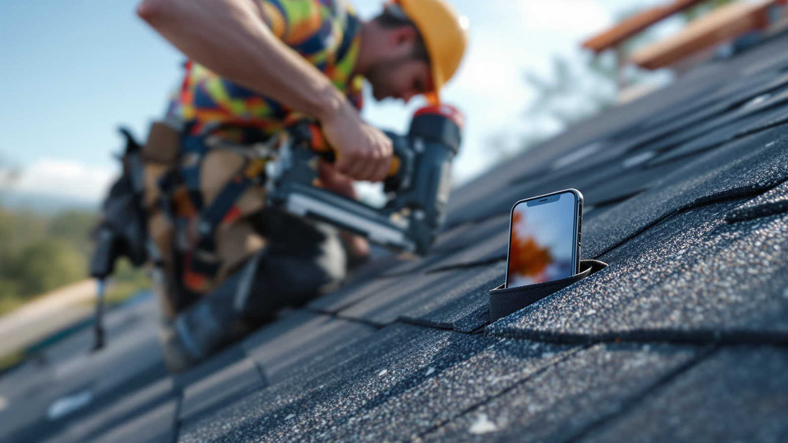 A roofer with a nail gun on a shingle roof while a phone lights up on the shingles beside him